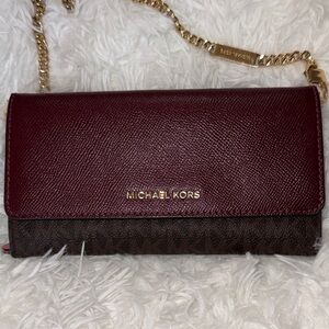 Michael Kors Burgundy and Brown Clutch With Detachable Chain.